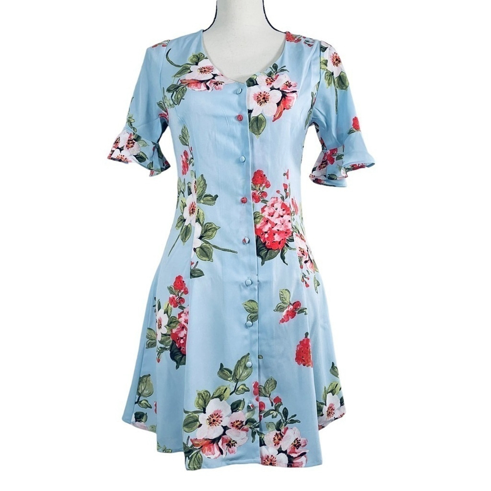 MINE Baby Blue Floral Short Sleeve Button Down Dress - Picture 9 of 9